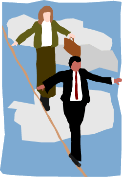 Two business people, a man and a woman, walking on a balance beam in the sky with clouds in background