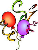 Two balloons, one red, one purple, with colorful streamers