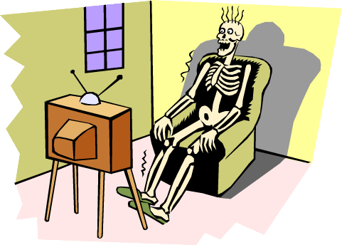Shocked skeleton sitting in armchair watching TV